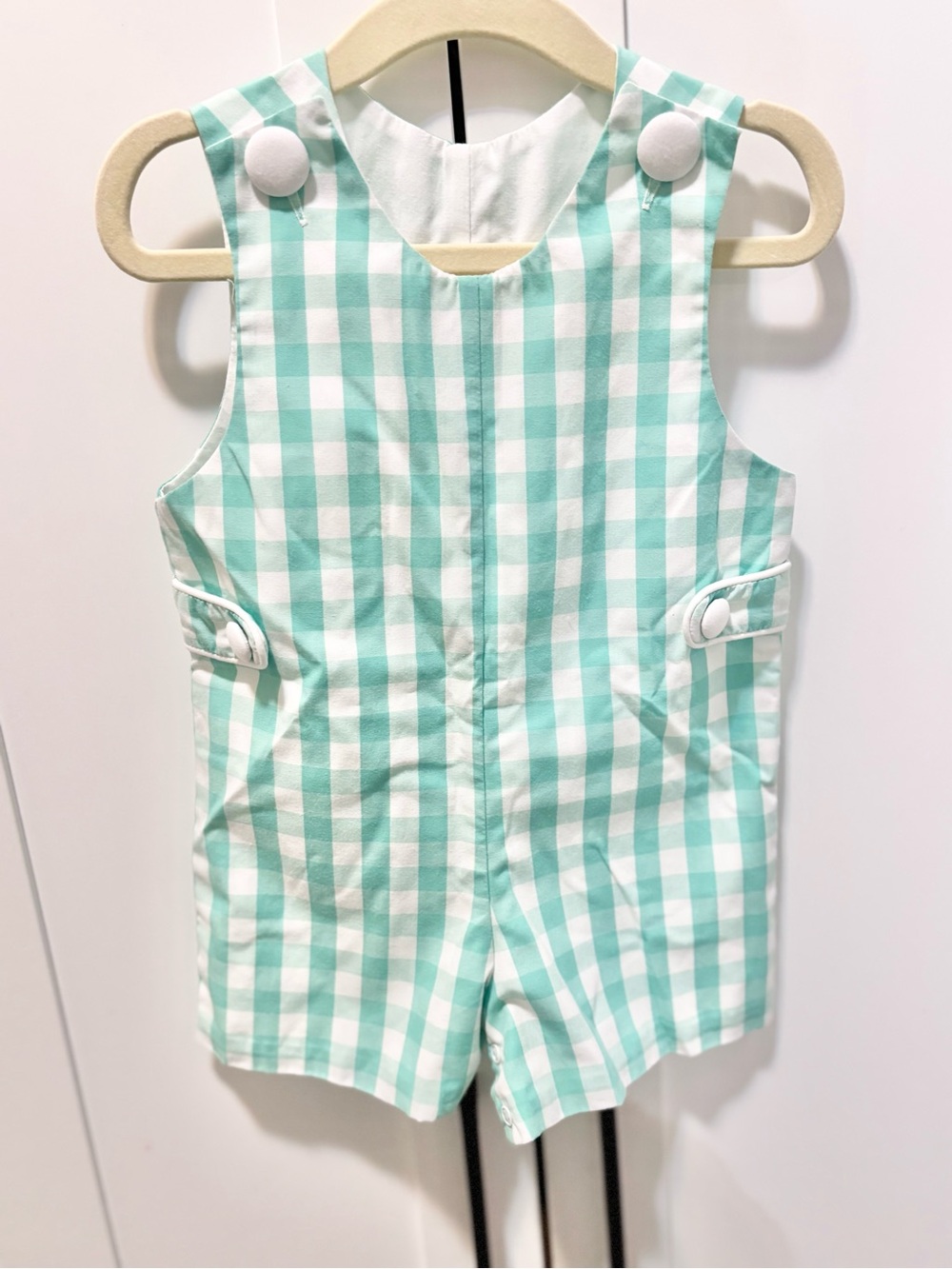 Toddler Gingham Shortalls in Mint Green - Classic Kids Bottoms